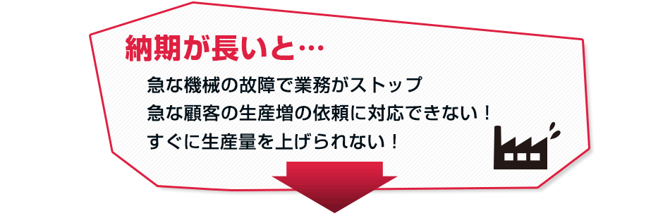 納期が長いと・・・急な機械の故障で業務がストップ！急な顧客の生産増の依頼に対応できない！すぐに生産量を上げられない！